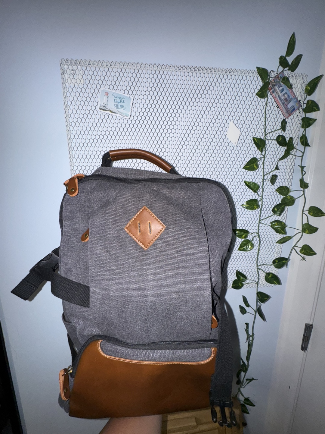 Grey Canvas Backpack with Leather Accents