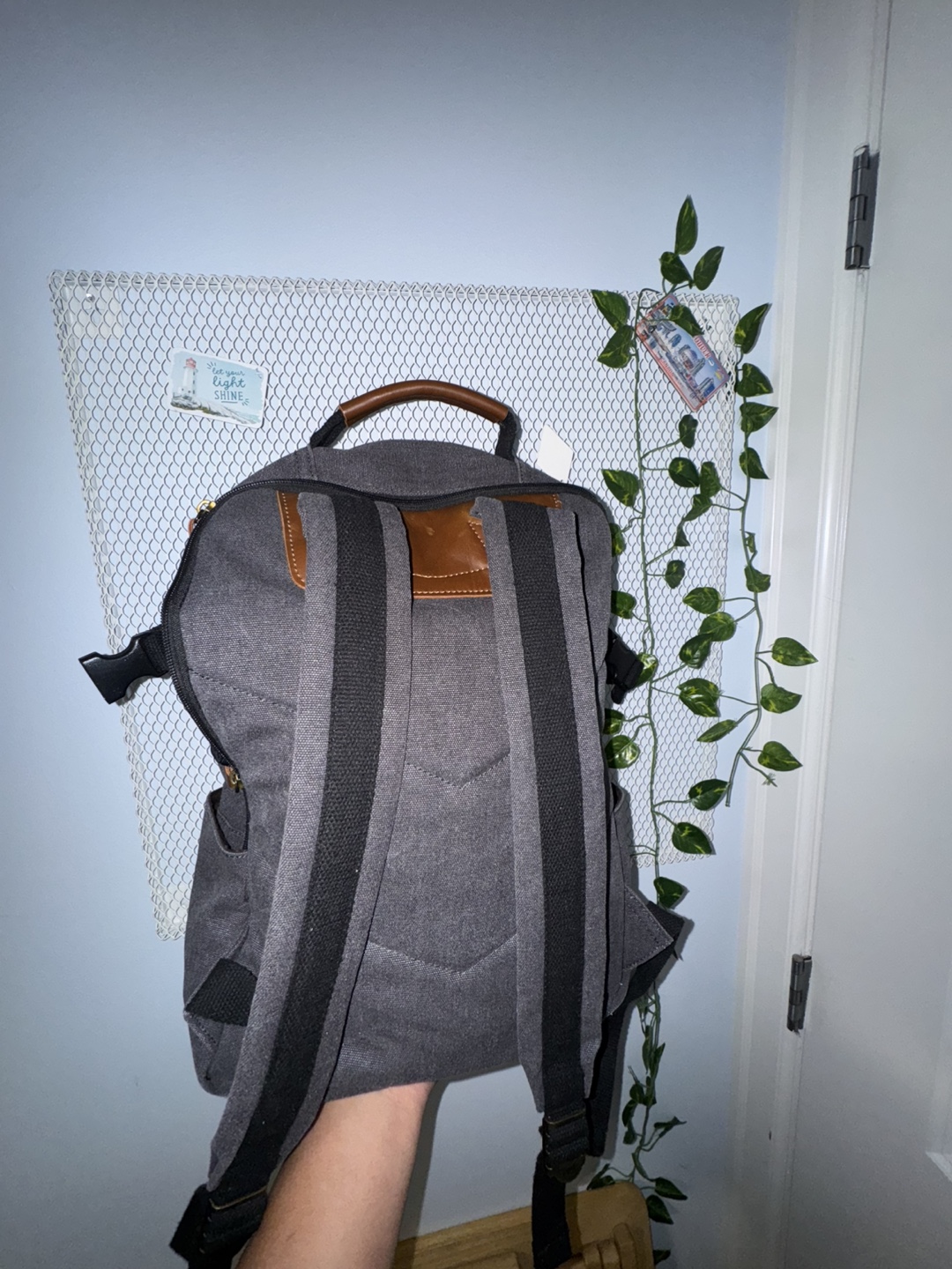 Grey Canvas Backpack with Leather Accents - photo 2