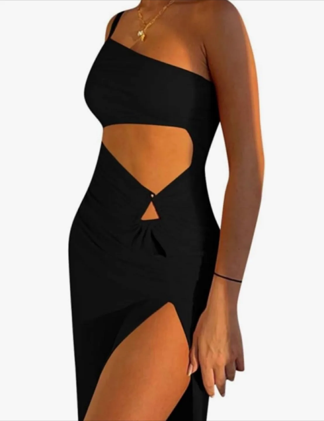 Black One Shoulder Cutout Ruched Dress thumbnail