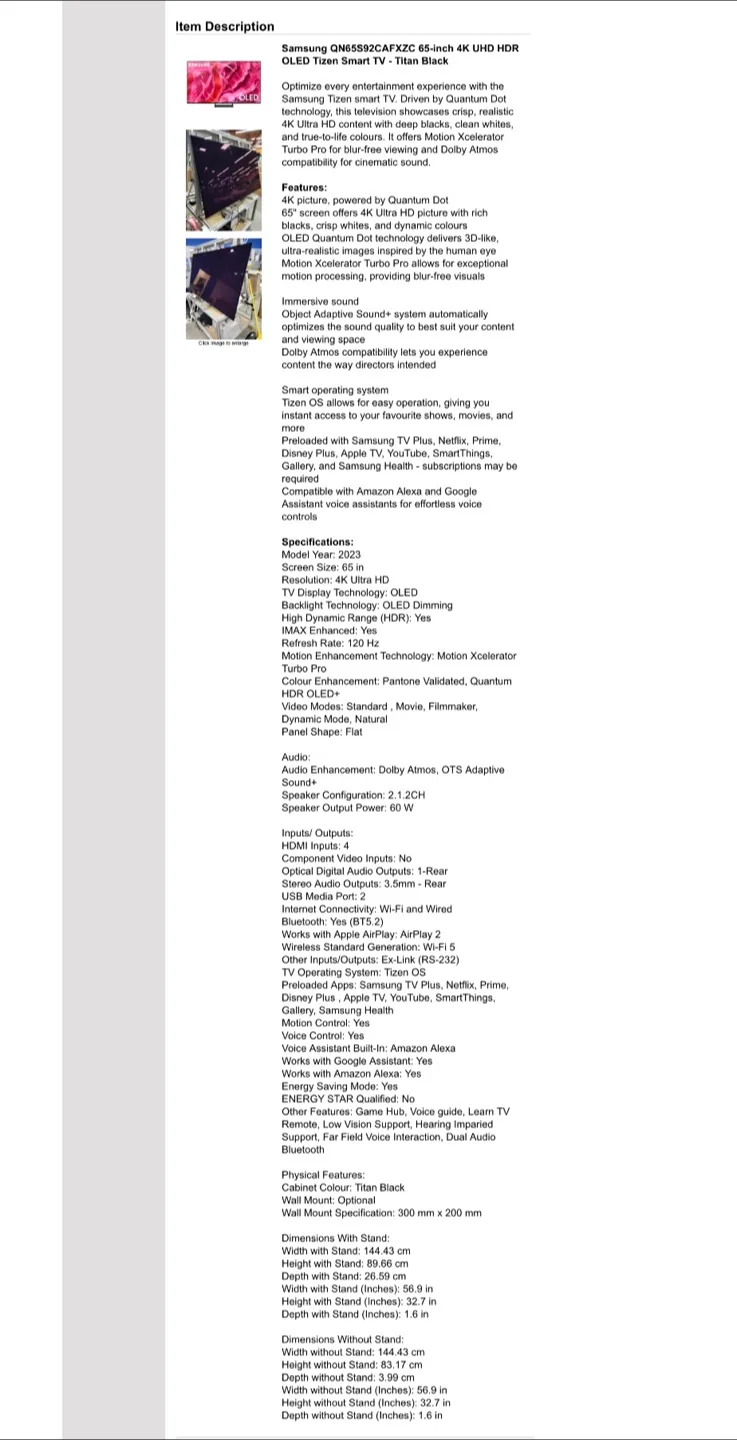 NEW! Samsung S92C 65” 4K UHD HDR OLED Tizen Smart TV - $2,825 image indicator(6)