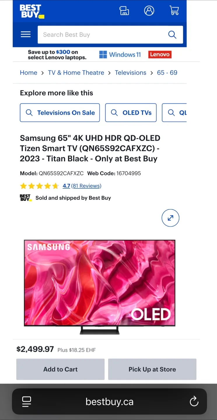 NEW! Samsung S92C 65” 4K UHD HDR OLED Tizen Smart TV - $2,825 image indicator(7)