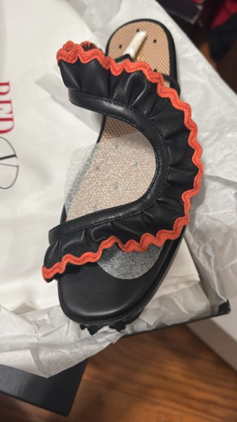 RED Valentino Black Leather Ruffle Sandals - Size 37 thumbnail