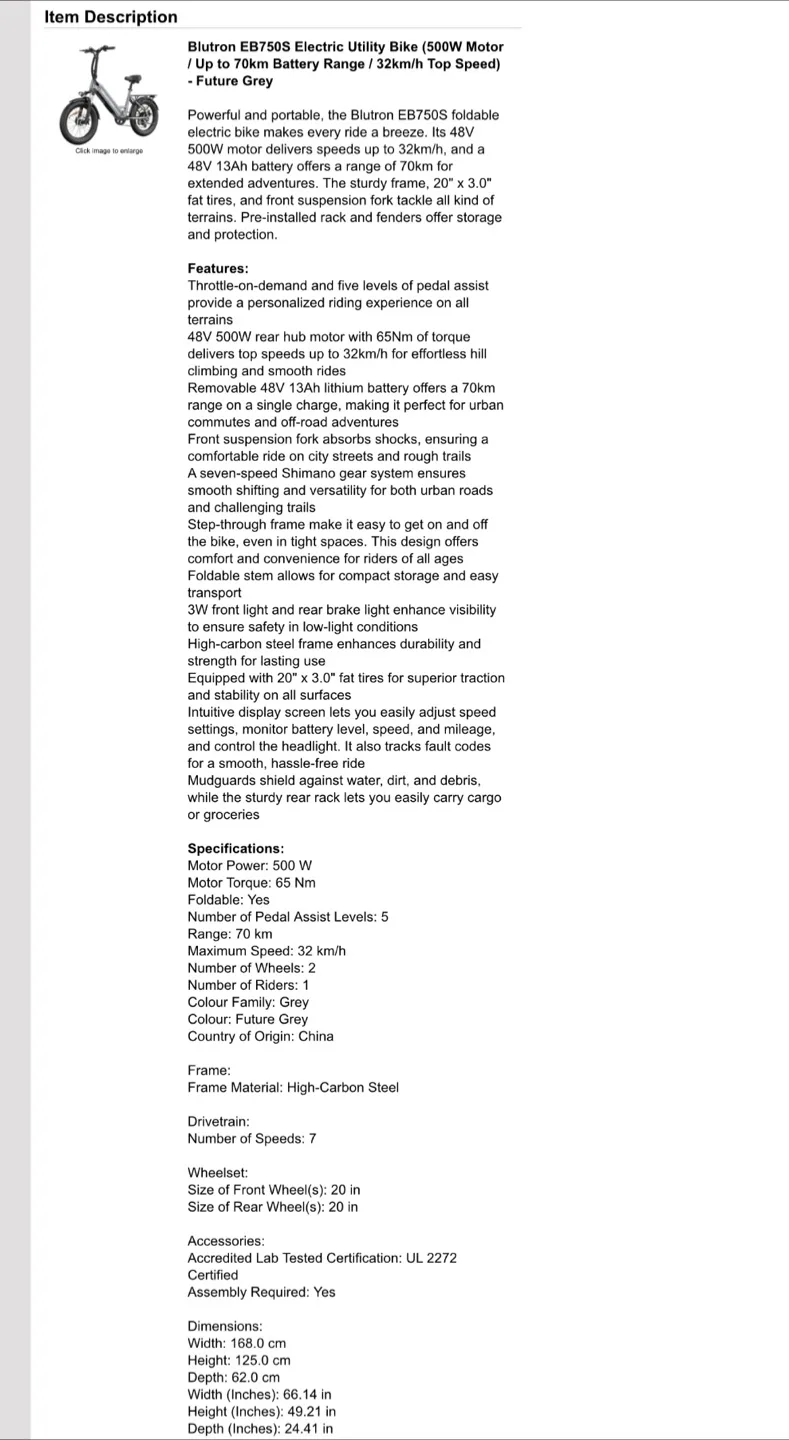 NEW! Blutron EB750S E-Bike (500W + 70Km Range + 32km/h) - $1,355 image indicator(8)