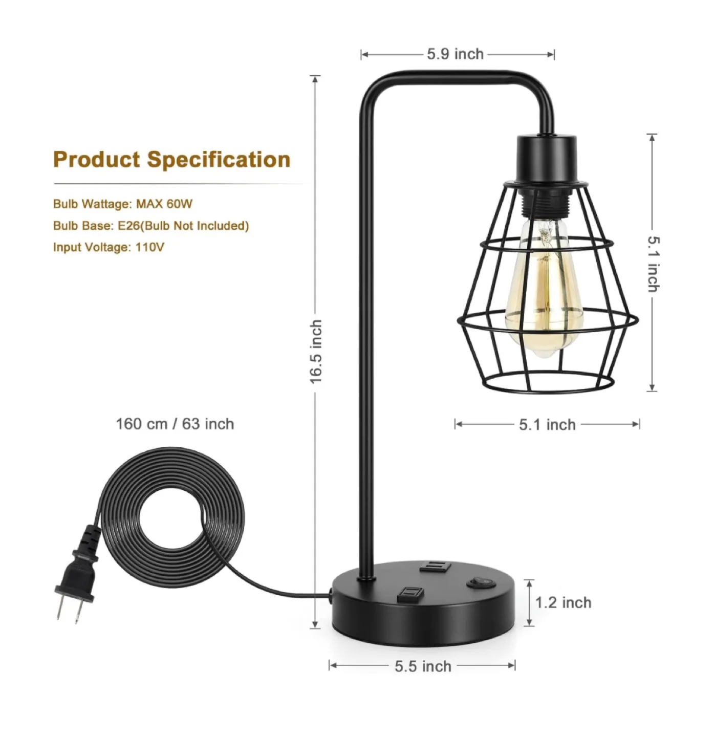 2 Black Cage Table Lamps with plug and USB charging image indicator(2)