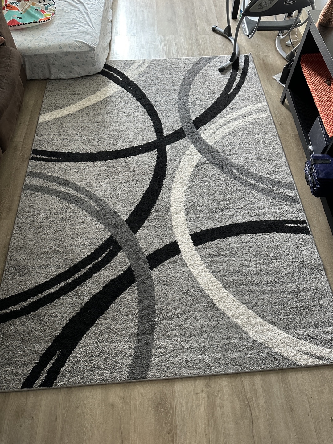Gray Area Rug with Black and White Circles