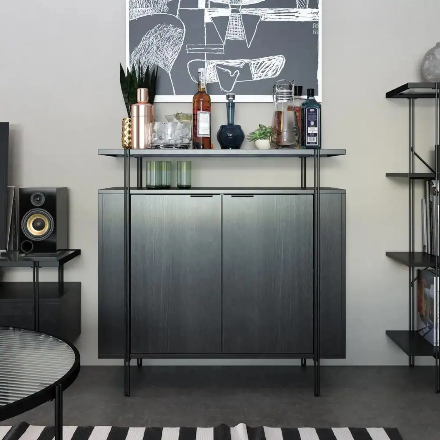 Black Wood Bar/Coffee Cabinet with Glass Shelf thumbnail
