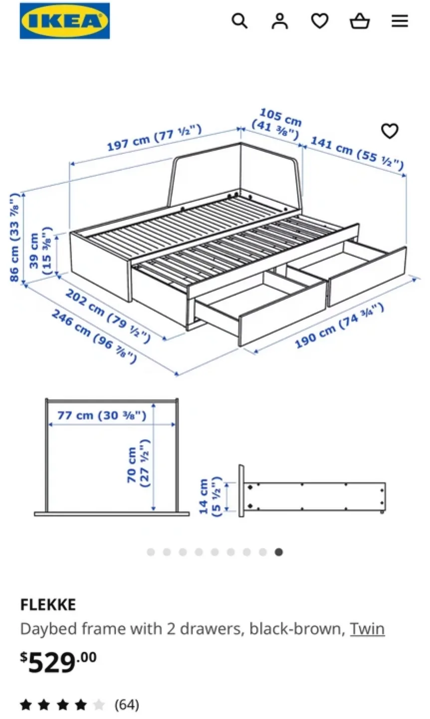 IKEA Flekke Daybed Frame with 2 Drawers - Black-Brown image indicator(2)