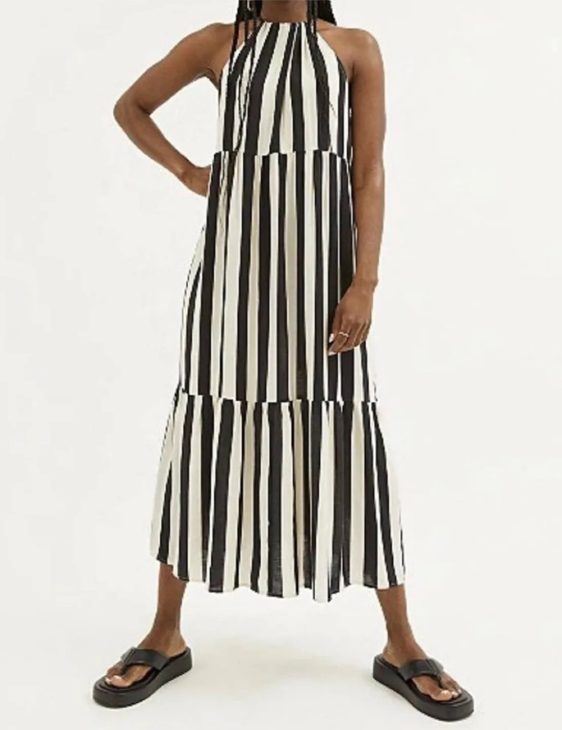 GEORGE black & white stripe halter-neck midi dress size 14 -16 thumbnail