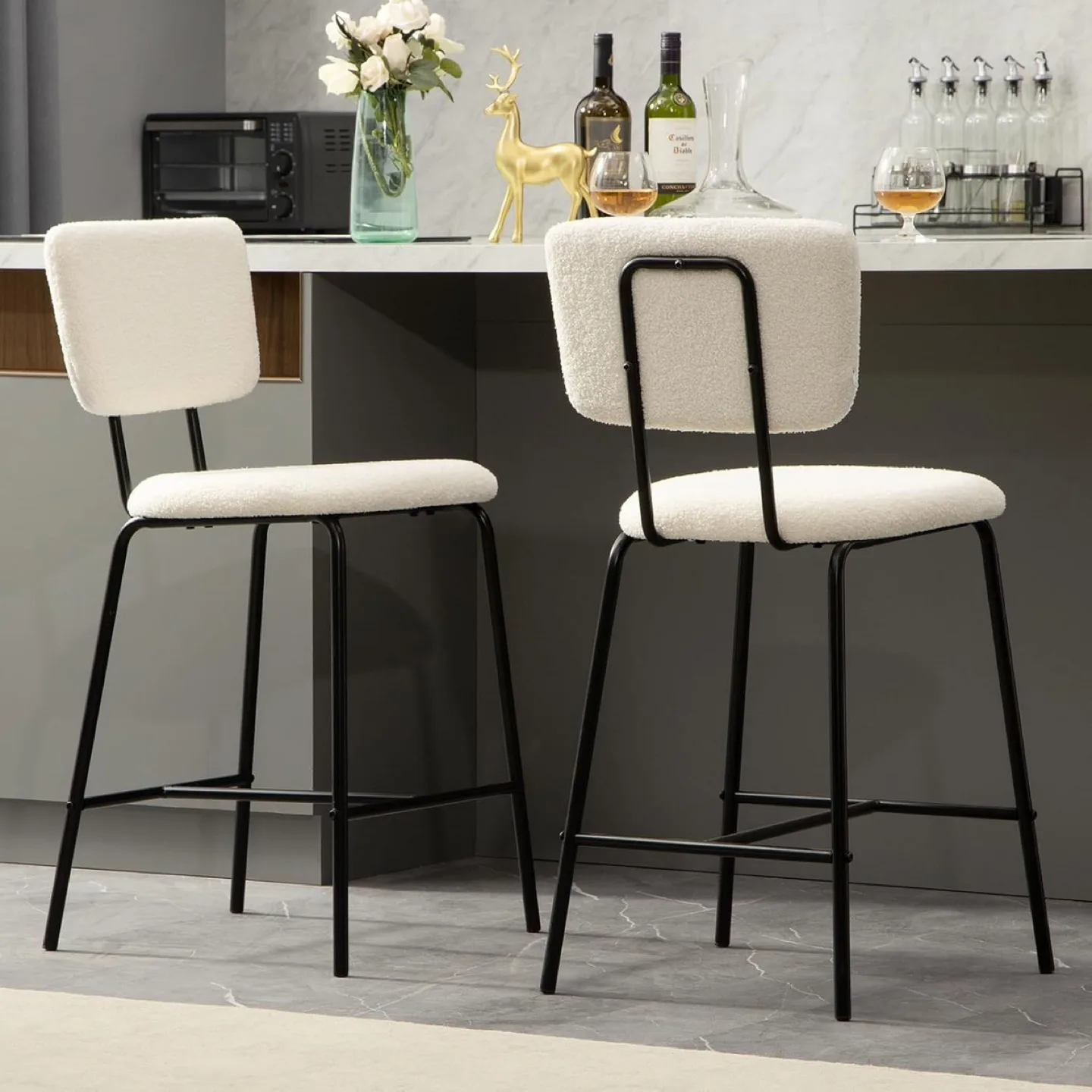 2 Ivory White Boucle Bar Stool thumbnail