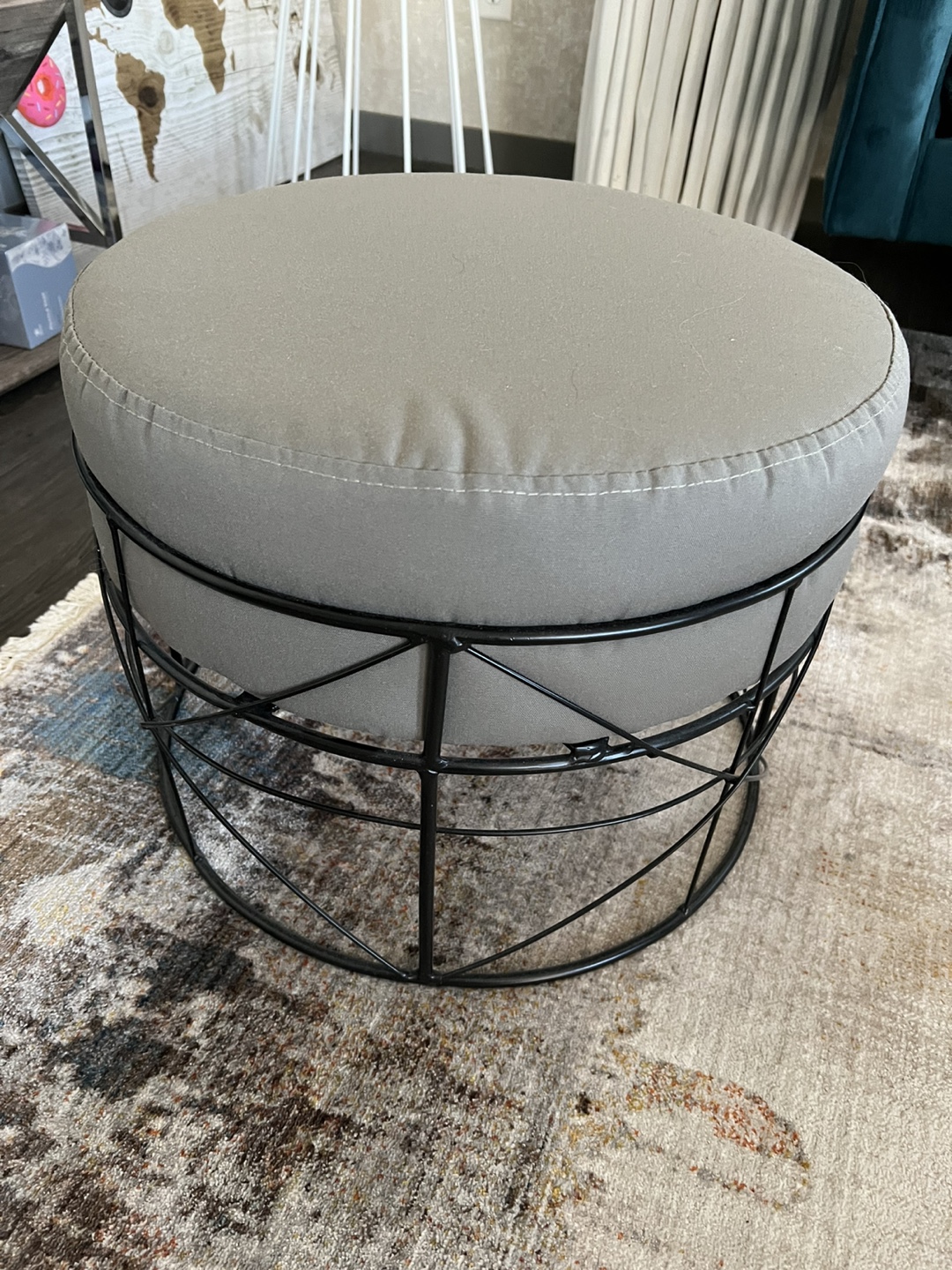 Grey Round Ottoman with Black Metal Base