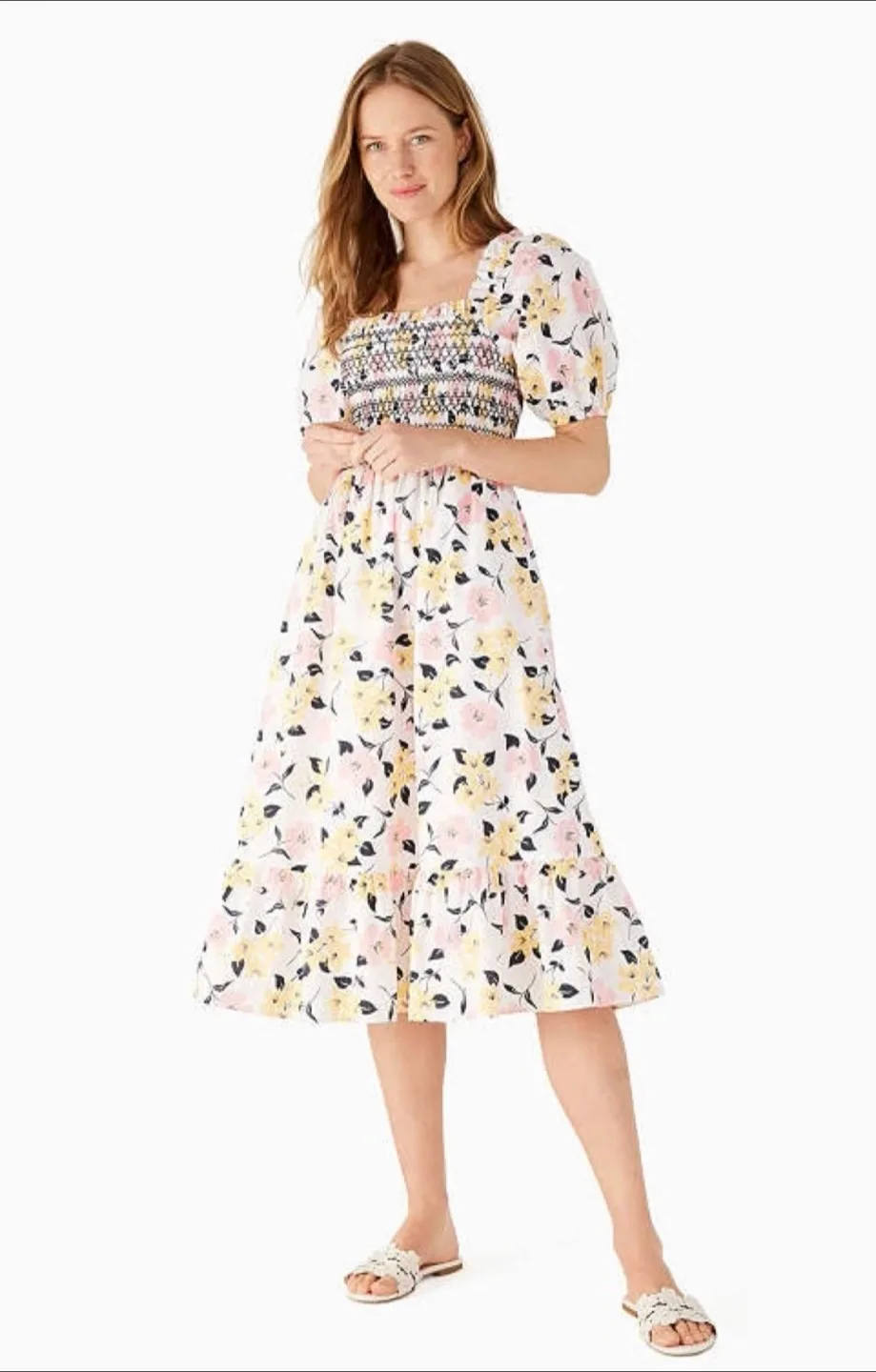Kate Spade Lily Blooms Smocked Floral Midi Dress size L/XL thumbnail
