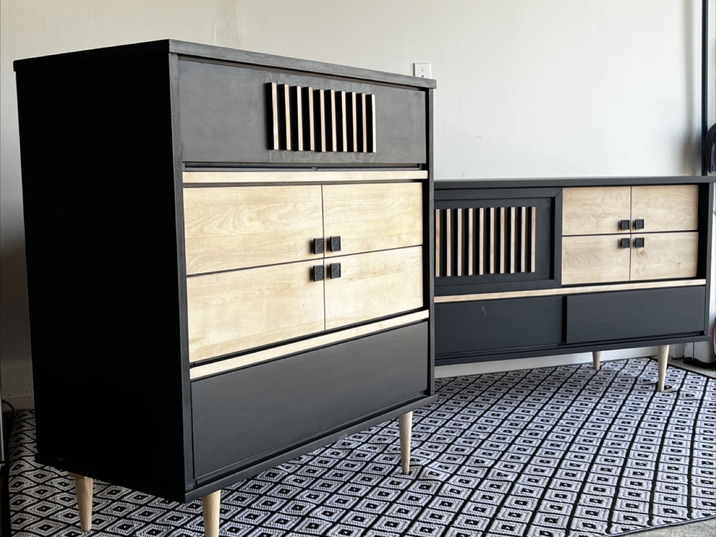 Mid-Century Modern  TALLBOY DRESSER – Black & Natural Wood
