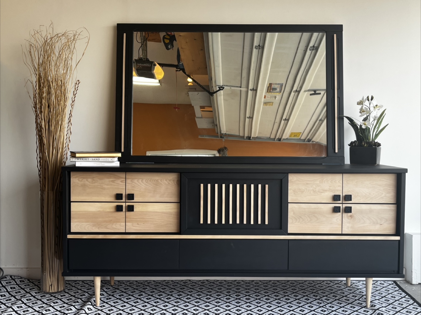 Mid-Century Refinished DRESSER SET, Black & Nat Wood | Mir inc