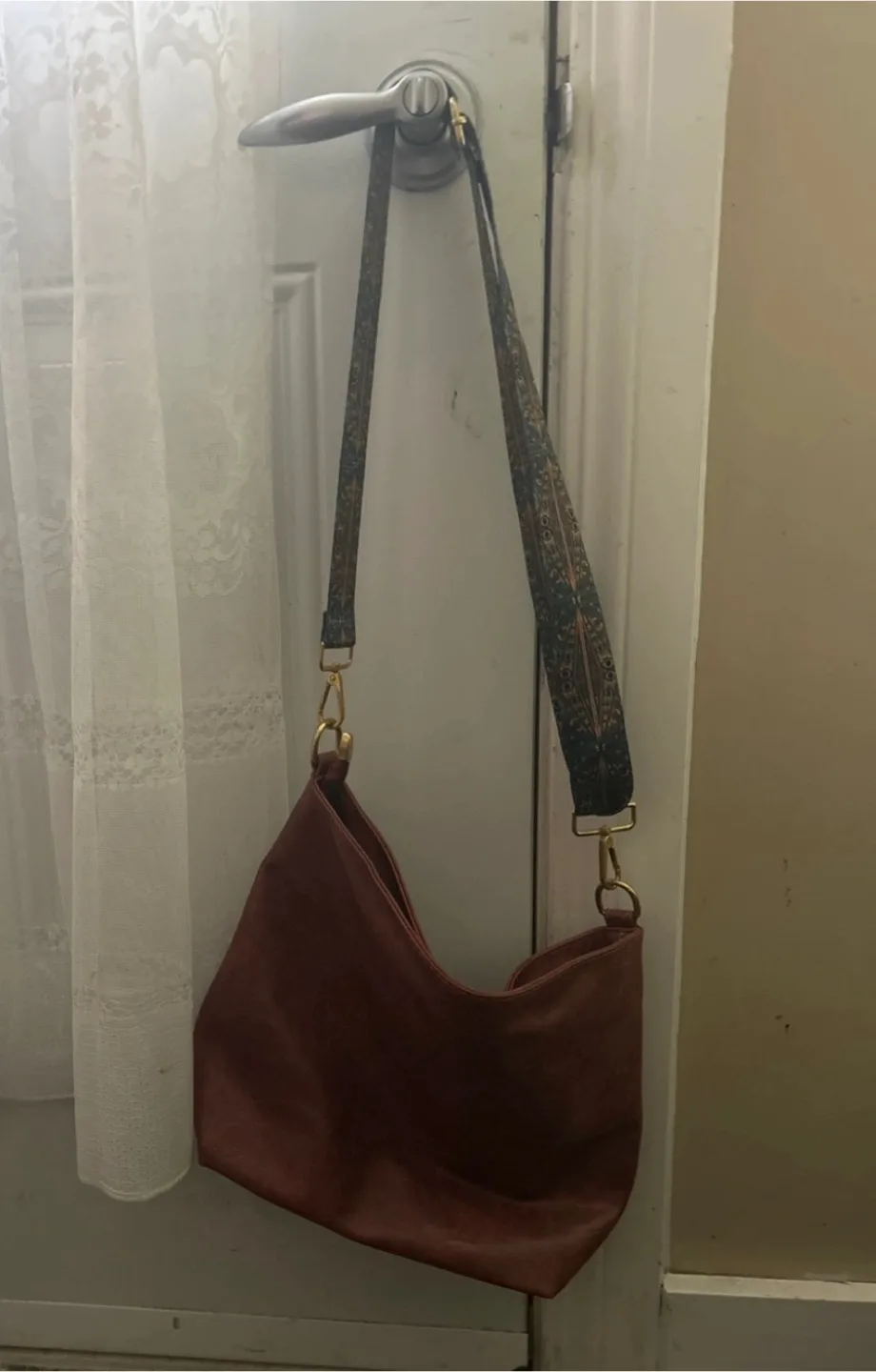 Brown Shoulder Bag with Patterned Strap thumbnail