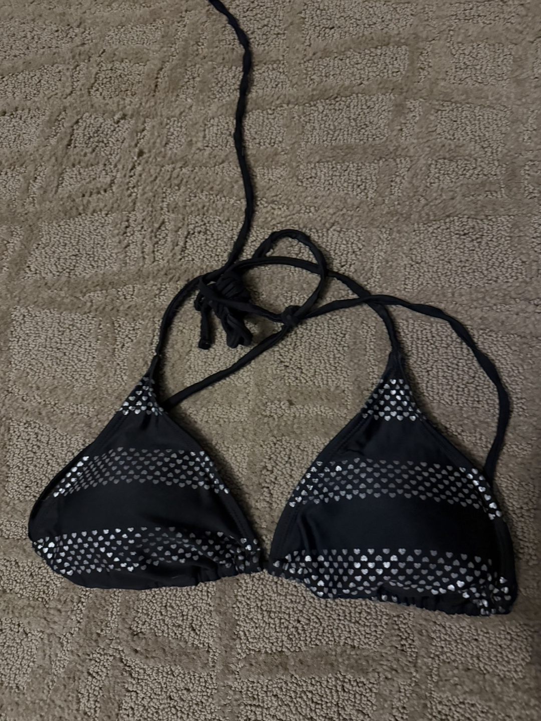 Black bikini top with silver hearts