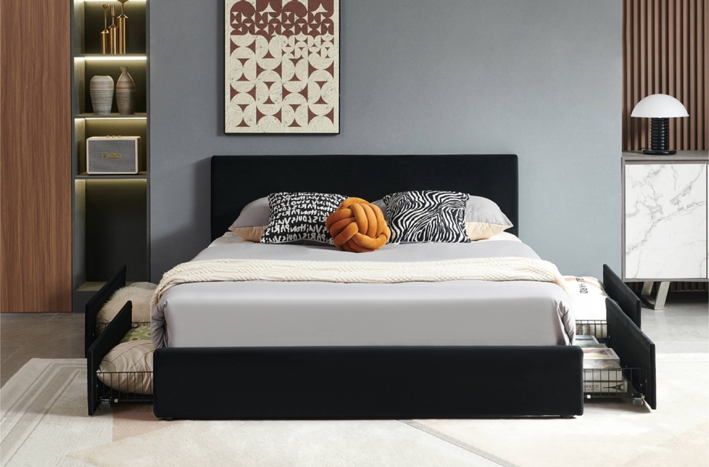 Black Bed Frame with Storage Drawers