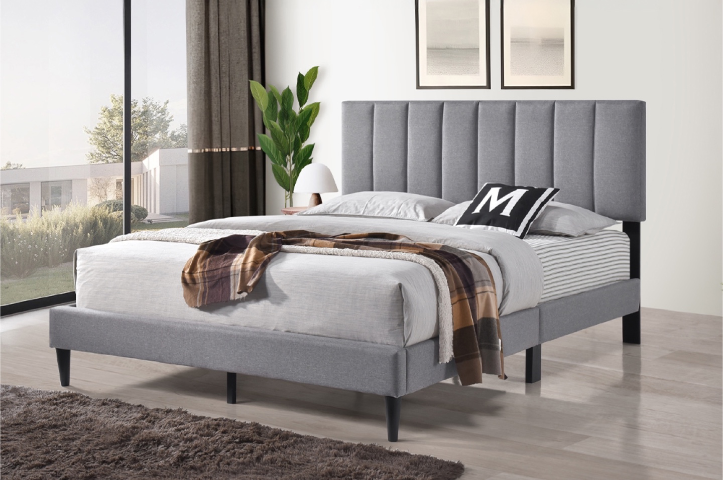 Grey Upholstered Platform Bed Frame
