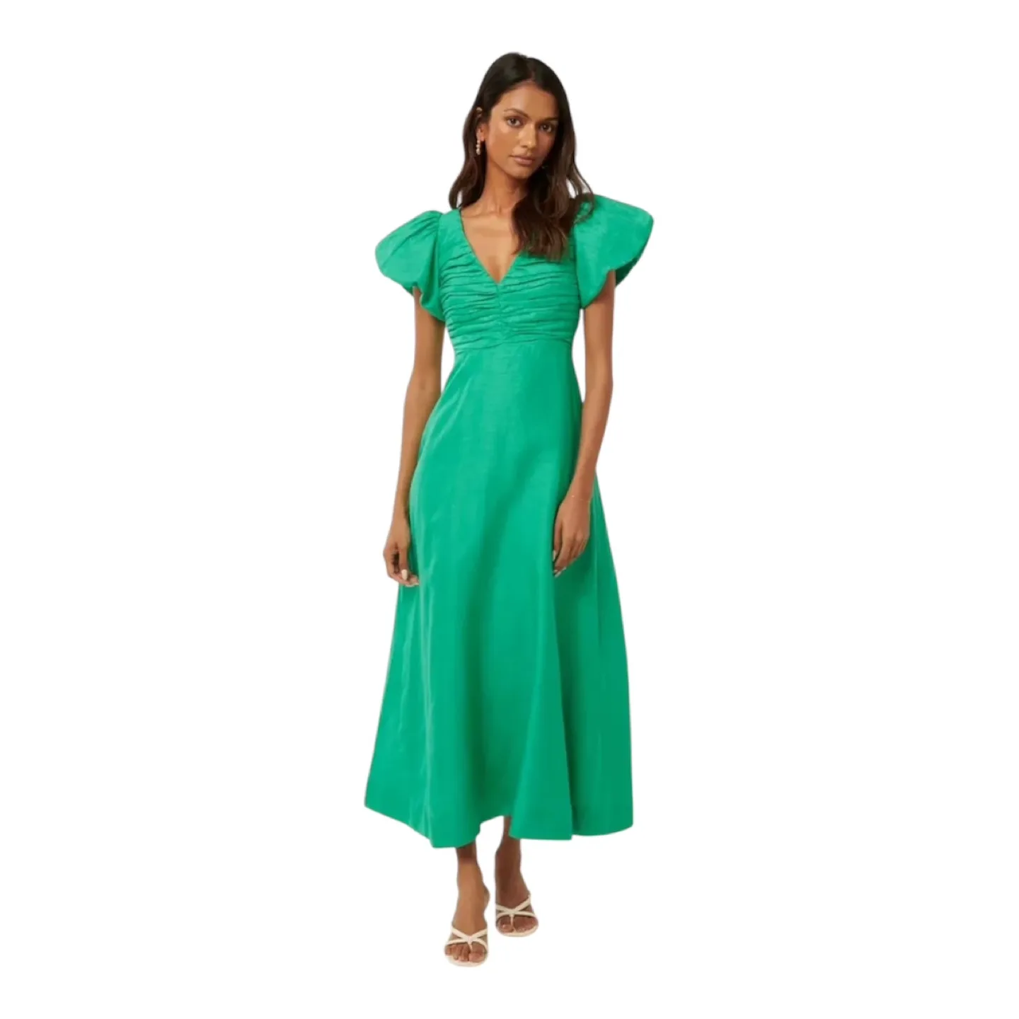 Ever New Linen June Ruched Midi Dress in Atlantis Sz 6P thumbnail
