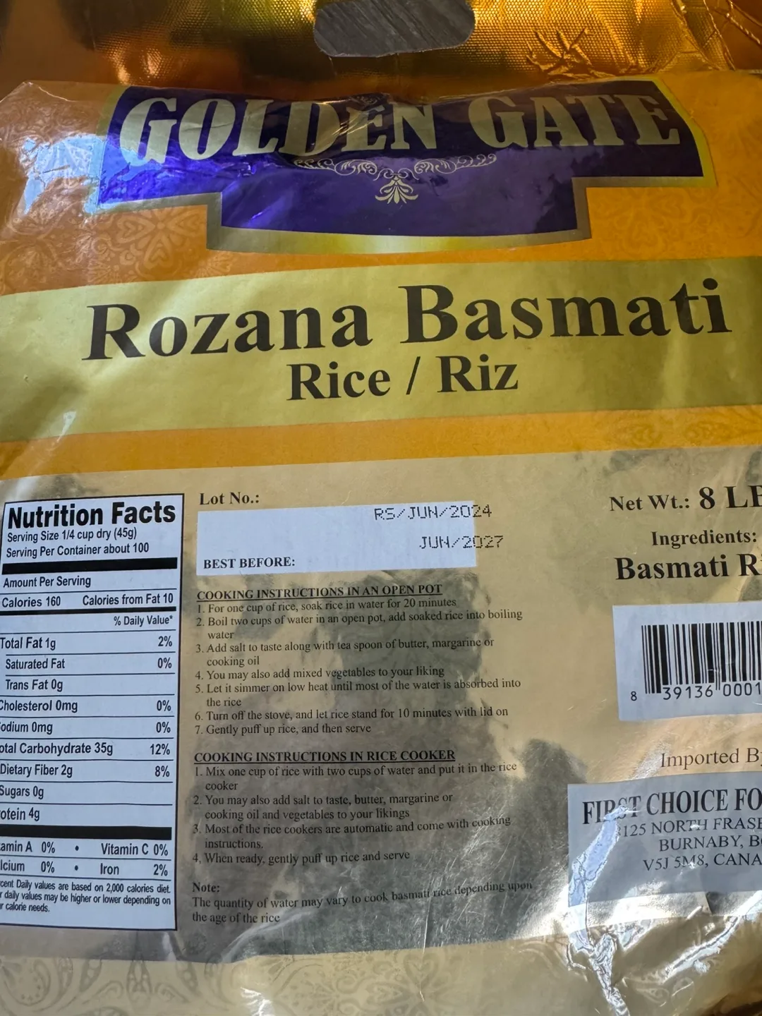 Golden Gate Rozana Basmati Rice - 8 lbs thumbnail