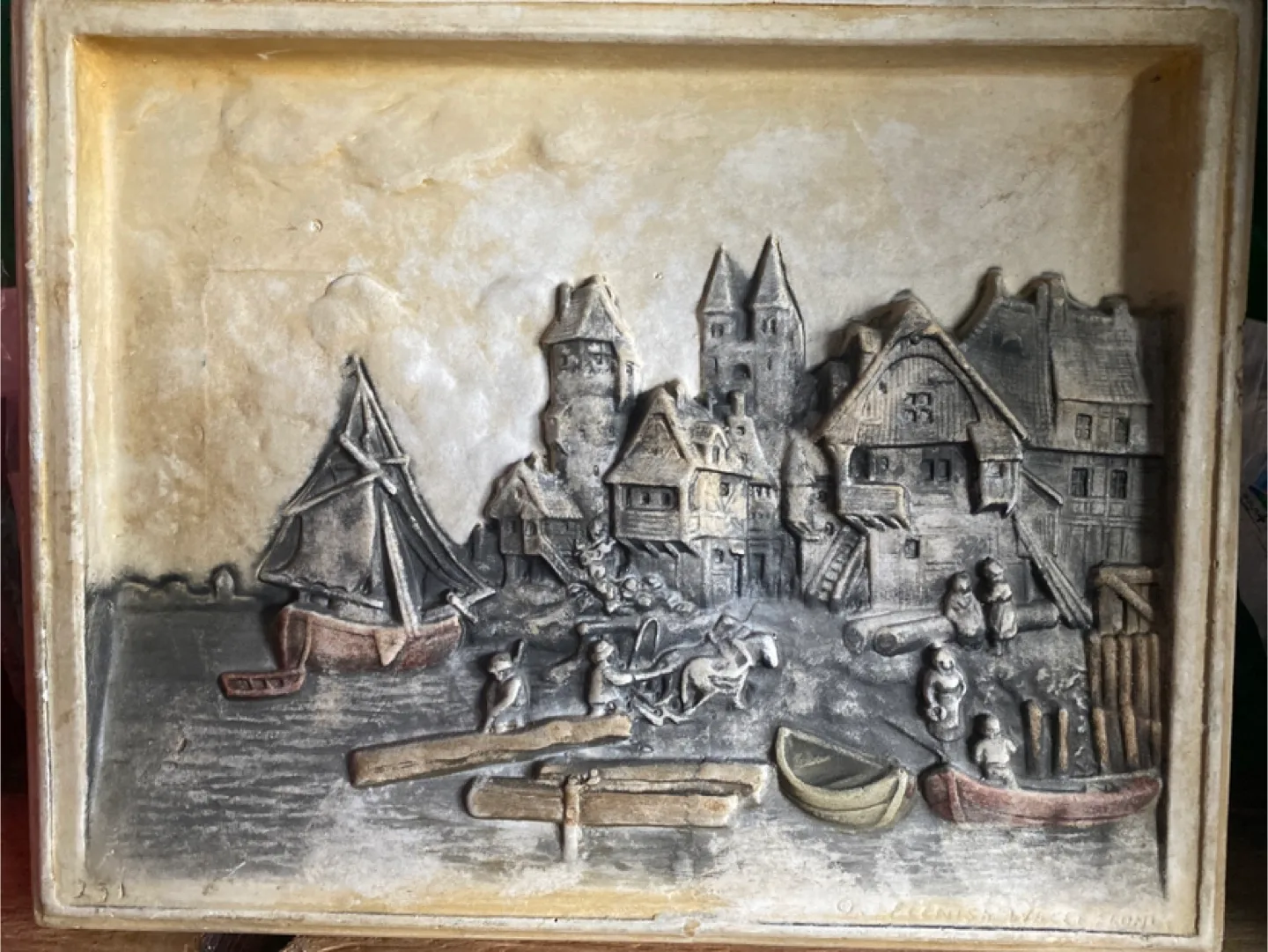 Vintage Plaster Wall Art - Coastal Village Scene thumbnail