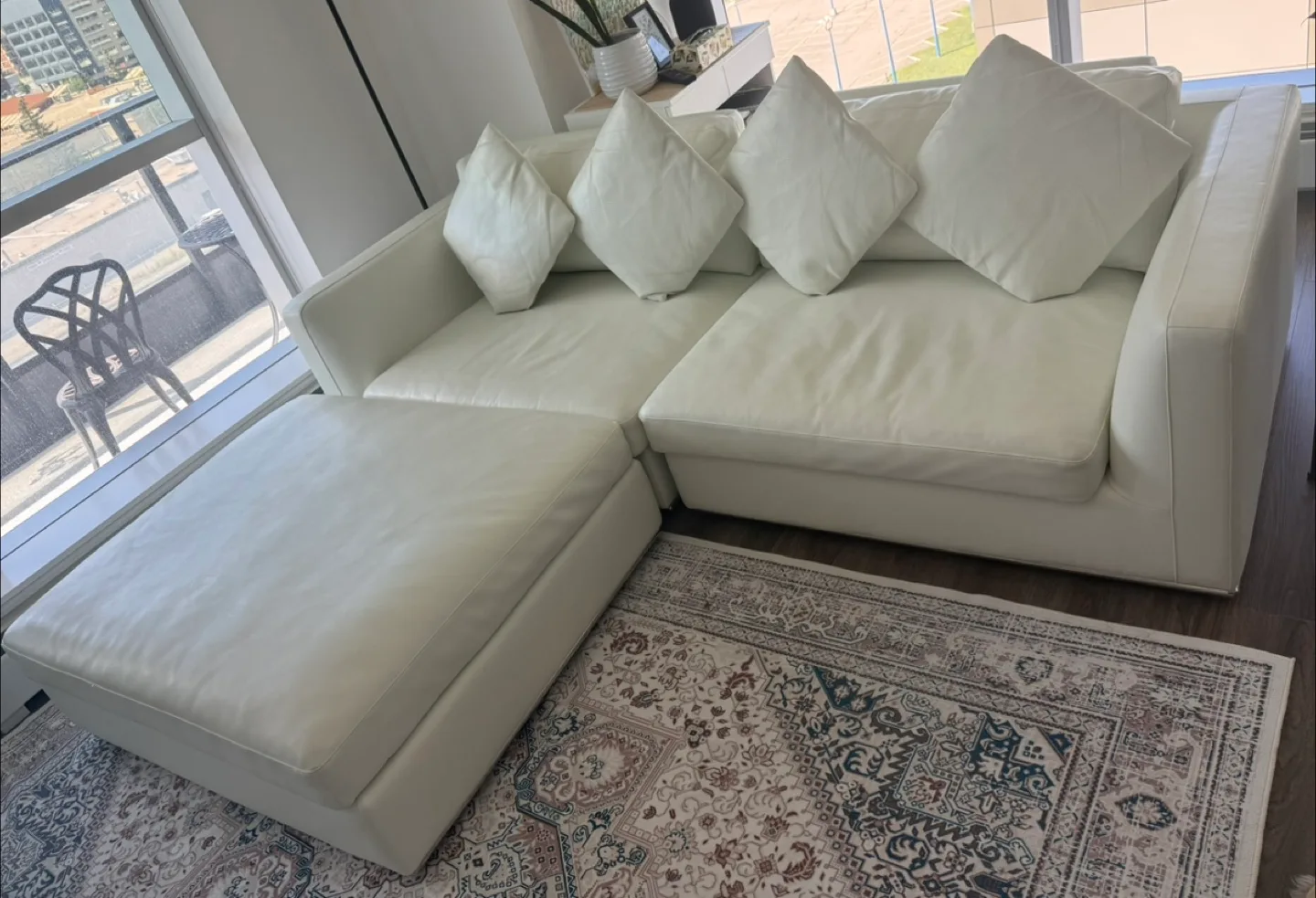 White Leather Sofa with Ottoman thumbnail