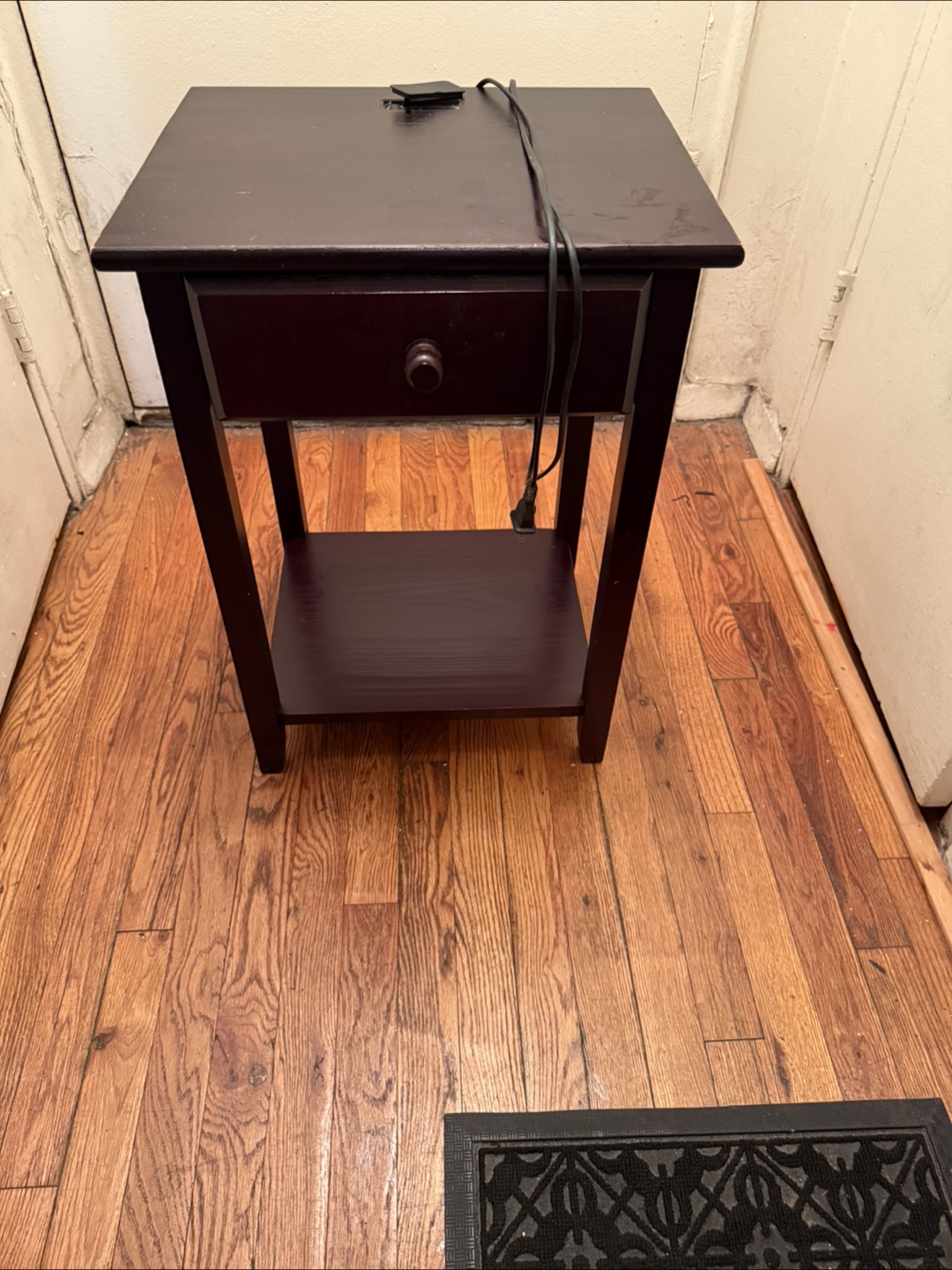 Small Dark Brown Wood Nightstand with Drawer