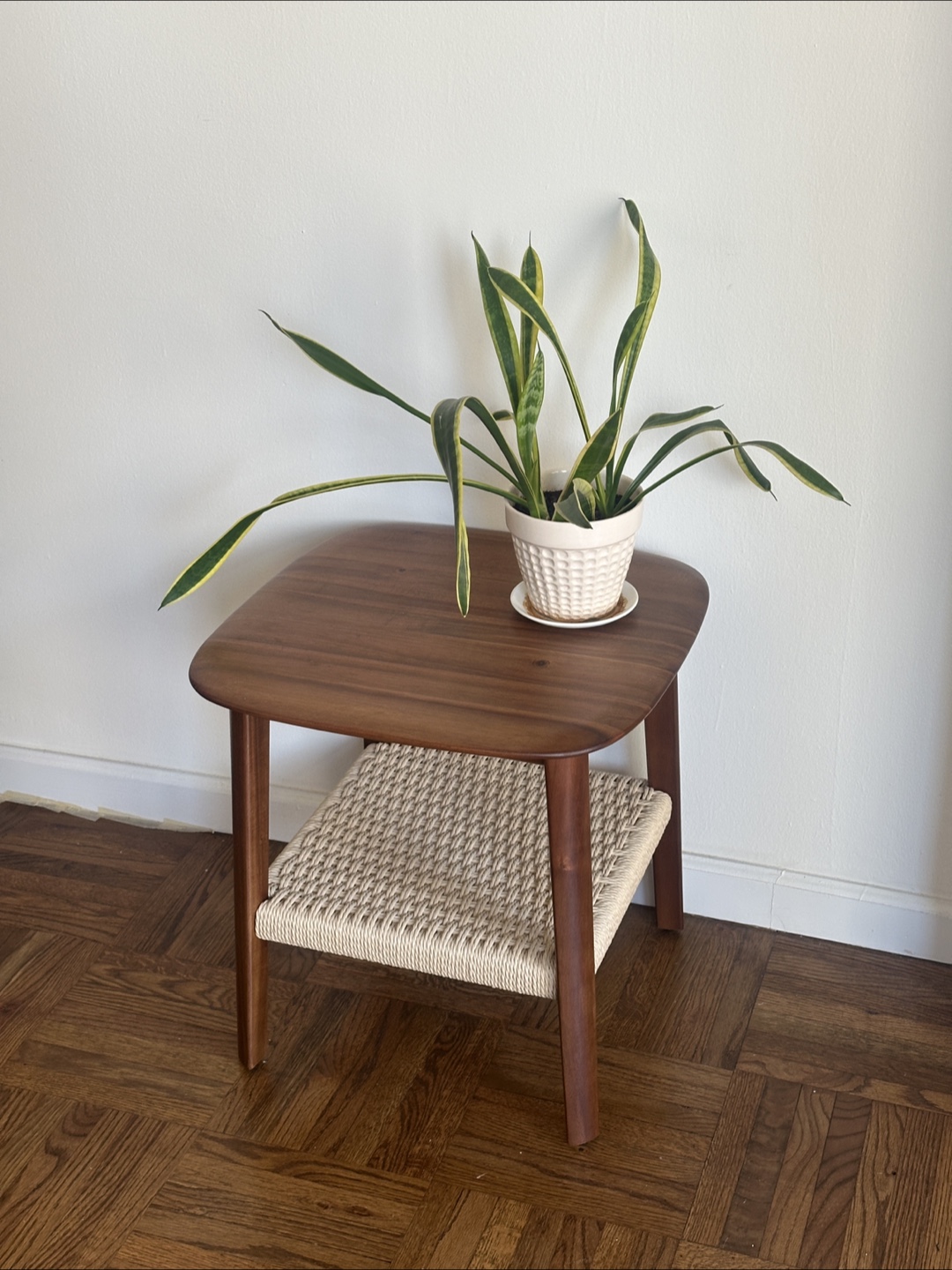 Wood Side Table with Woven Shelf