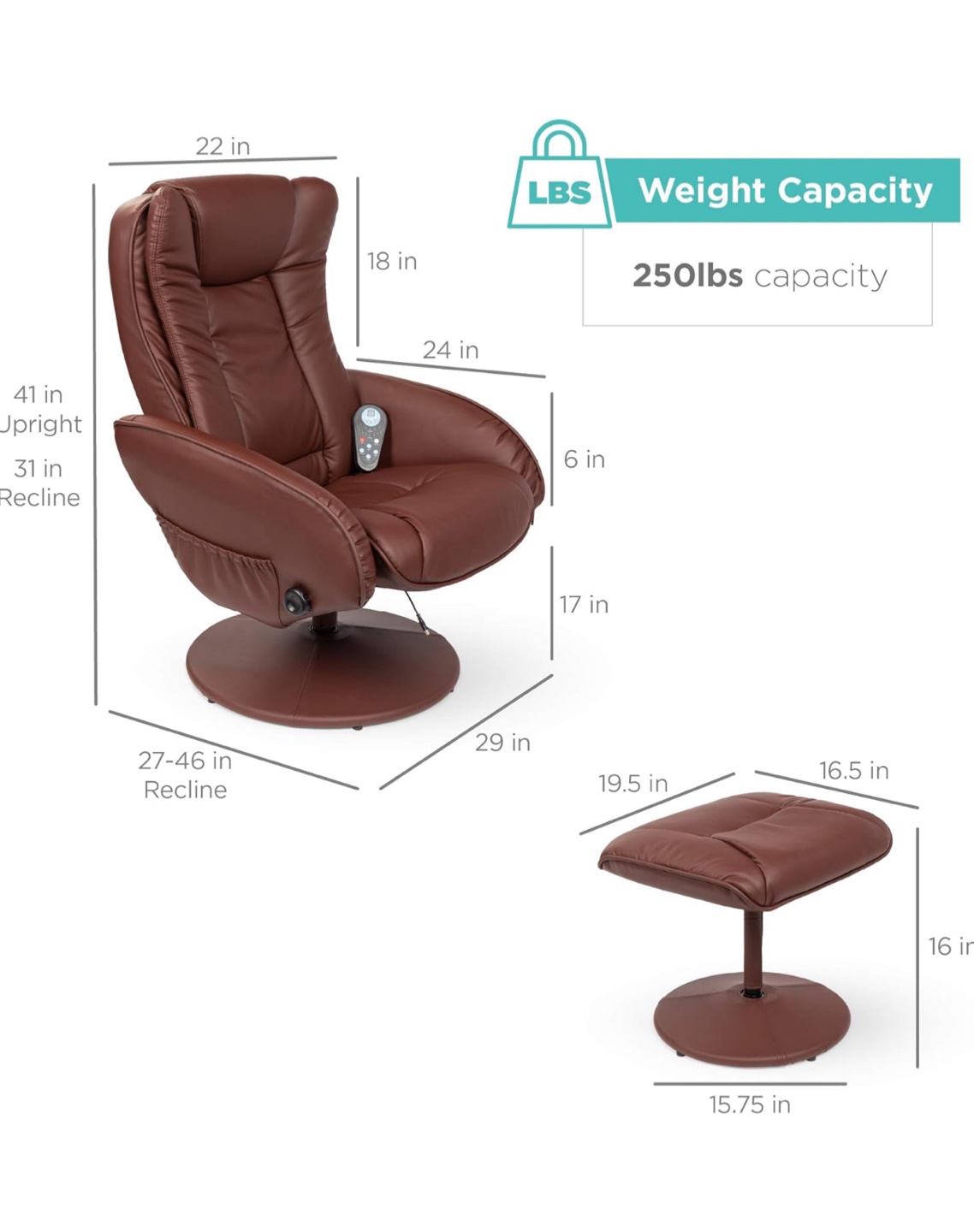 Brown Swivel Recliner W/ stool and Massage Feature - photo 3