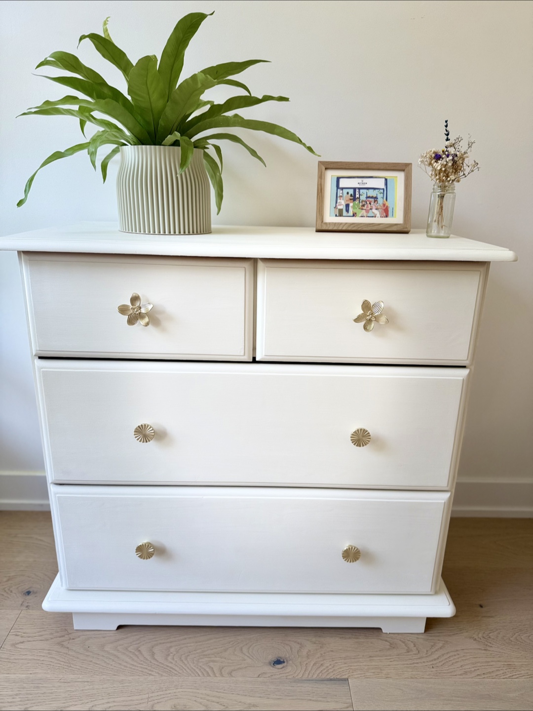 Refinished White Dresser with Gold Flower Knobs