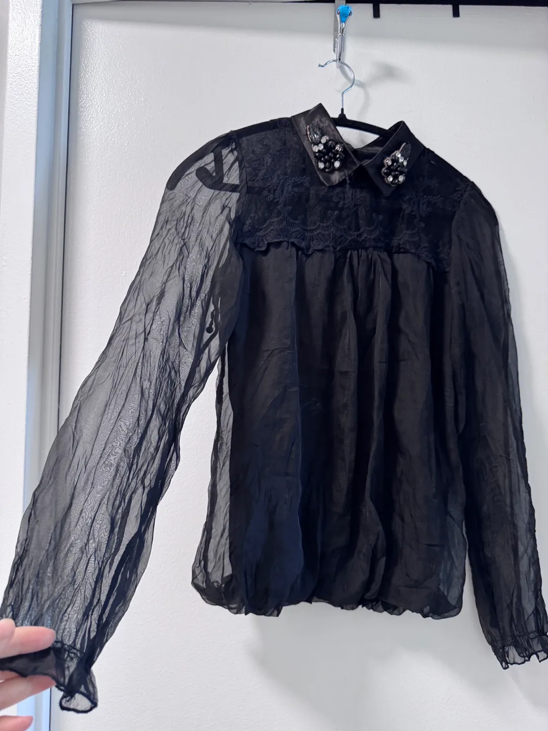 Black Sheer Embellished Collar Top size S image indicator(5)