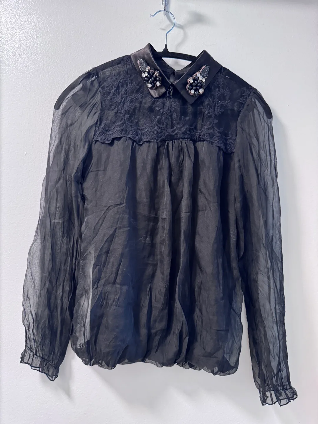 Black Sheer Embellished Collar Top size S image indicator(2)