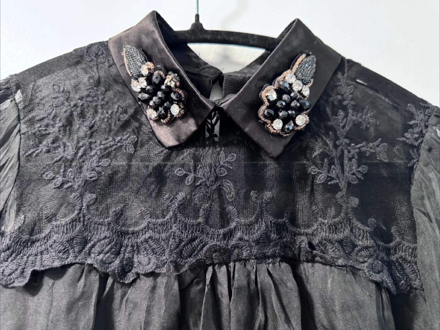 Black Sheer Embellished Collar Top size S image indicator(3)