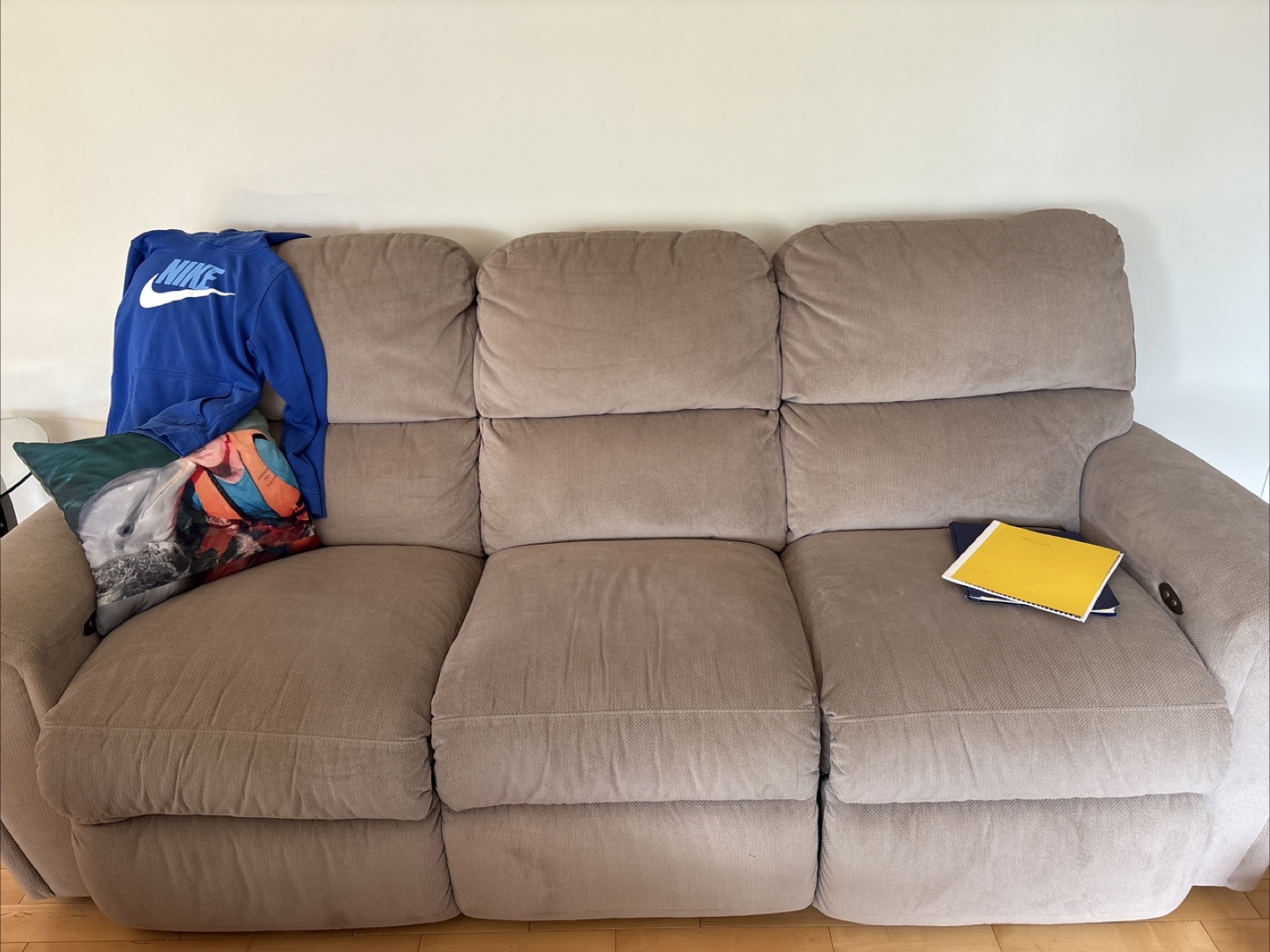Beige Three-Seat Reclining Sofa