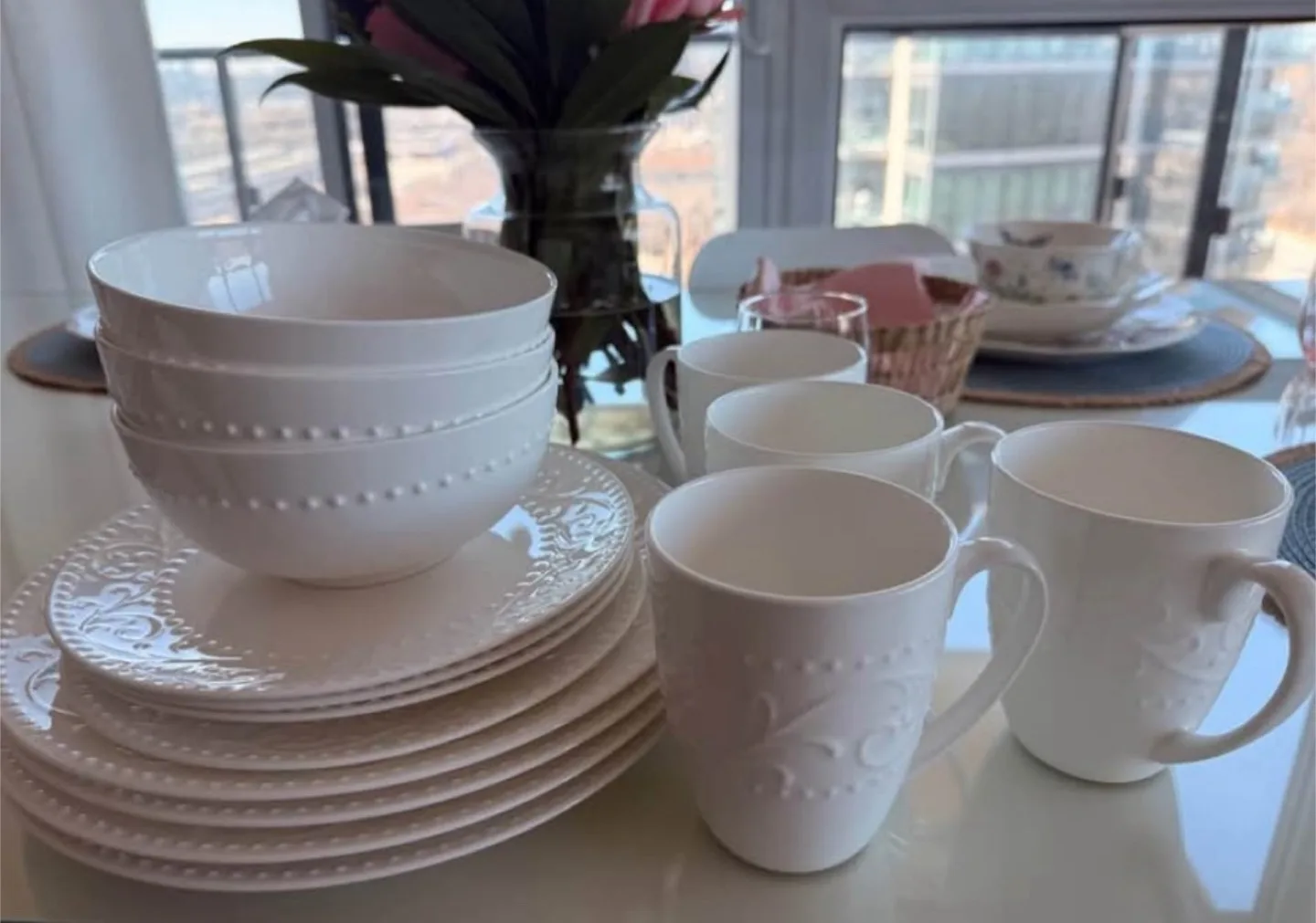 White Dinnerware Set (Plates, Bowls, Mugs) thumbnail