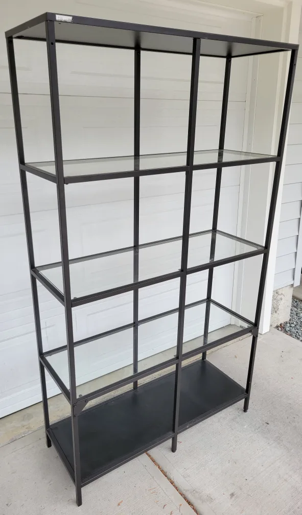 Black Metal & Glass Shelf Unit In Excellent Condition. thumbnail