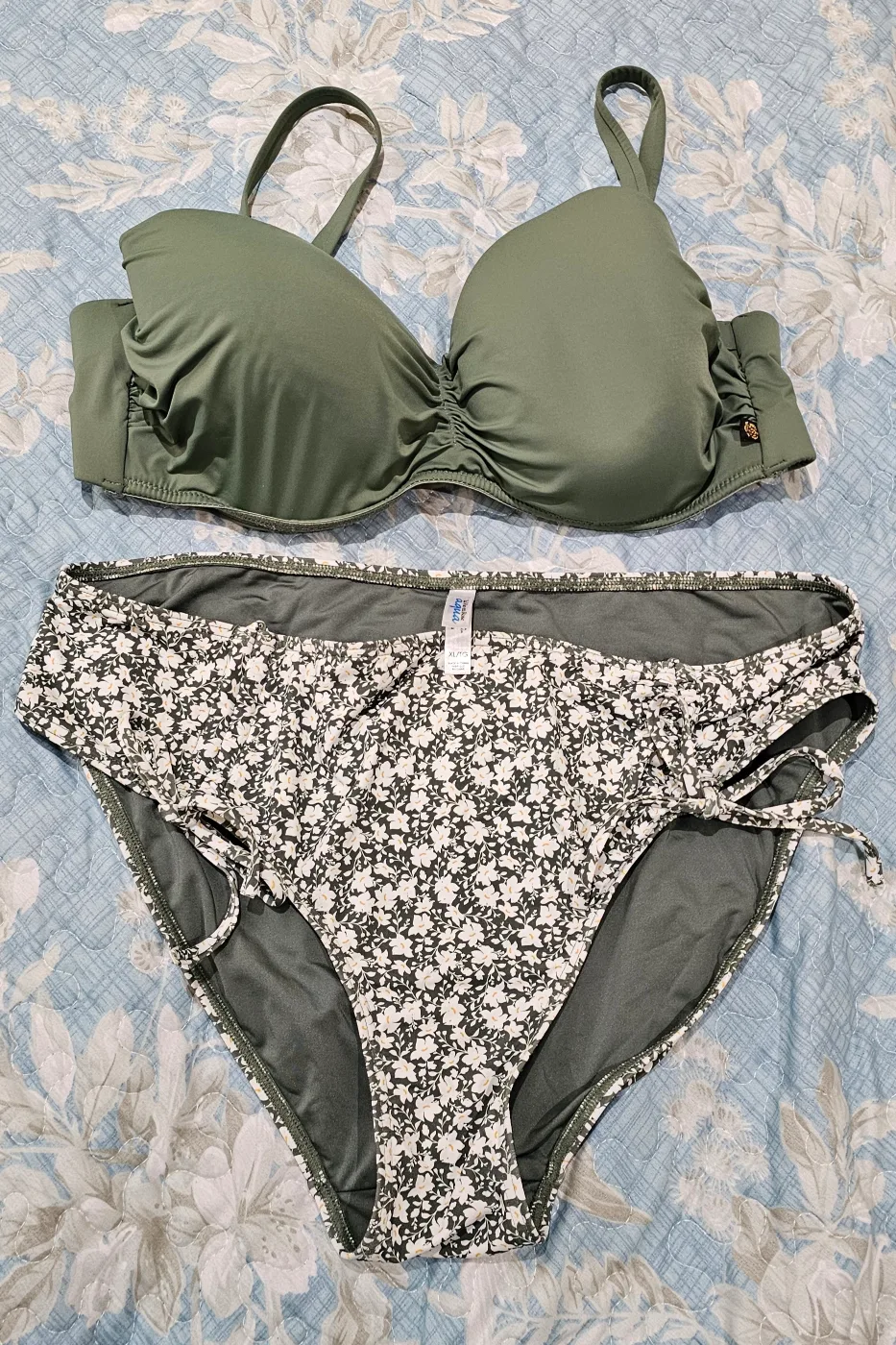 Aerie Olive Green Floral Bikini XL/XLG thumbnail