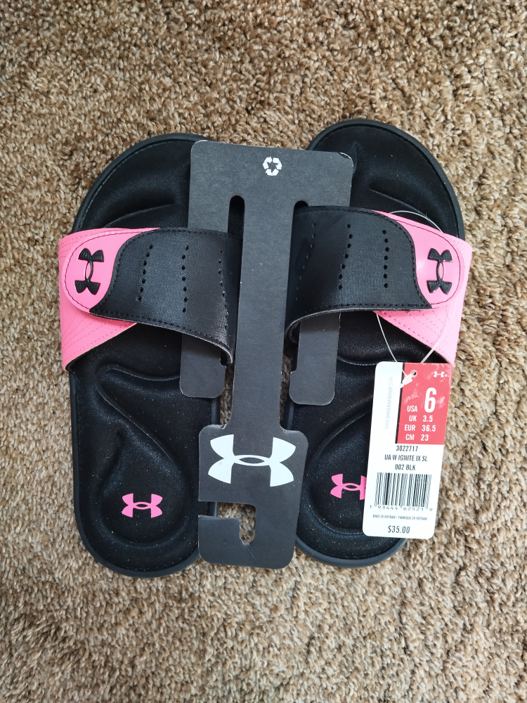 New Under Armour Pink and Black Slides - Size 6