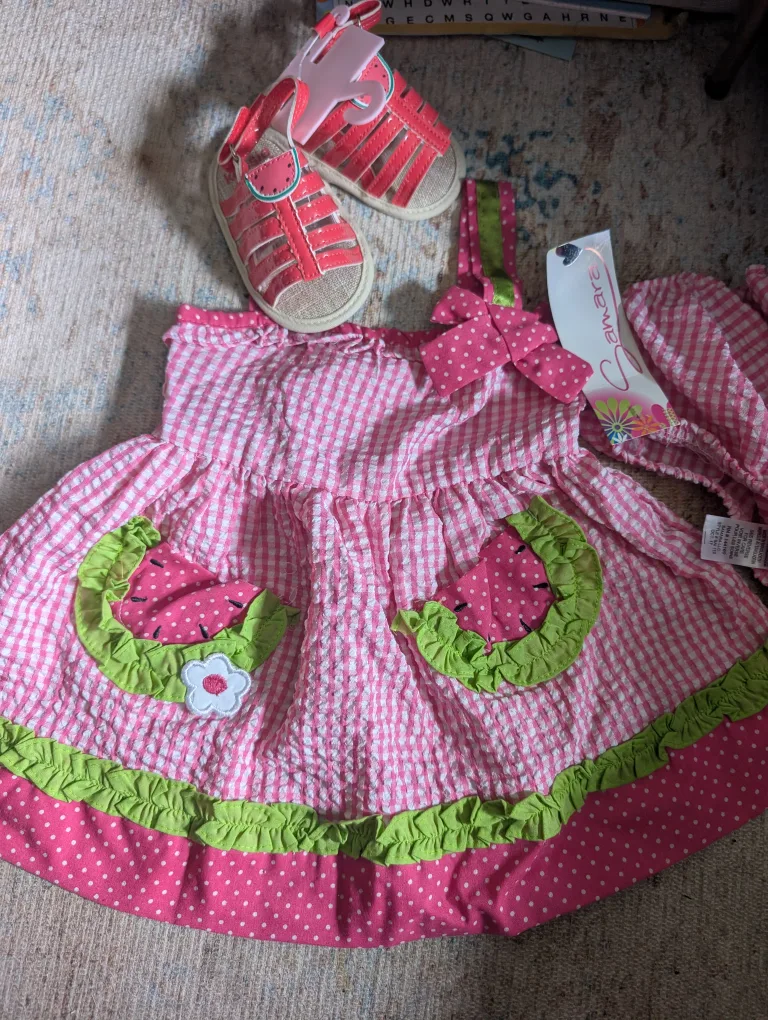 Baby size 12 months watermelon dress with 9-12 month shoes thumbnail