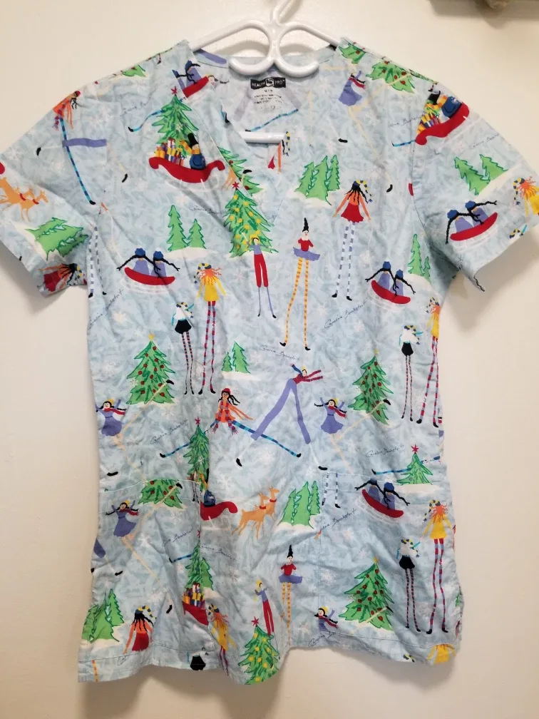 Christmas Themed Scrub Top XS thumbnail