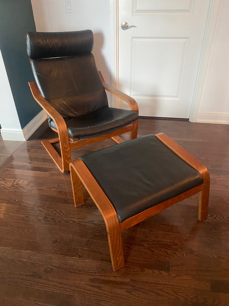 IKEA Poang Chair with Footstool, black leather