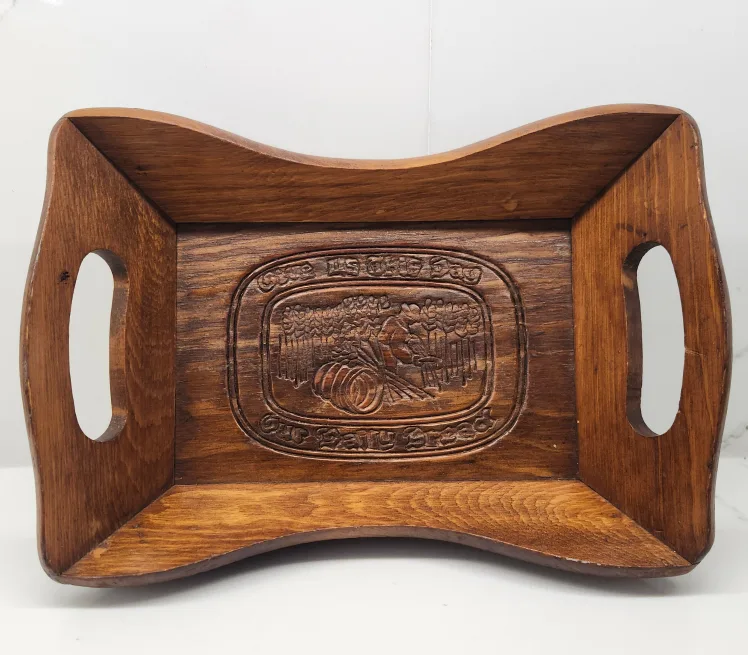 Vintage Wooden Tray with Engraved Scene thumbnail