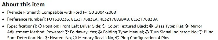 Passenger Right Side Power Mirror -  select FORD F-150 models image indicator(2)