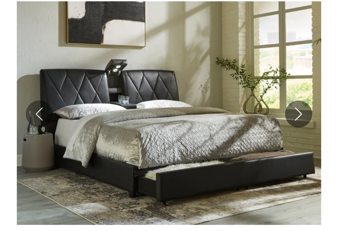 Black Faux Leather King Bed Frame w/ USB Ports - photo 4