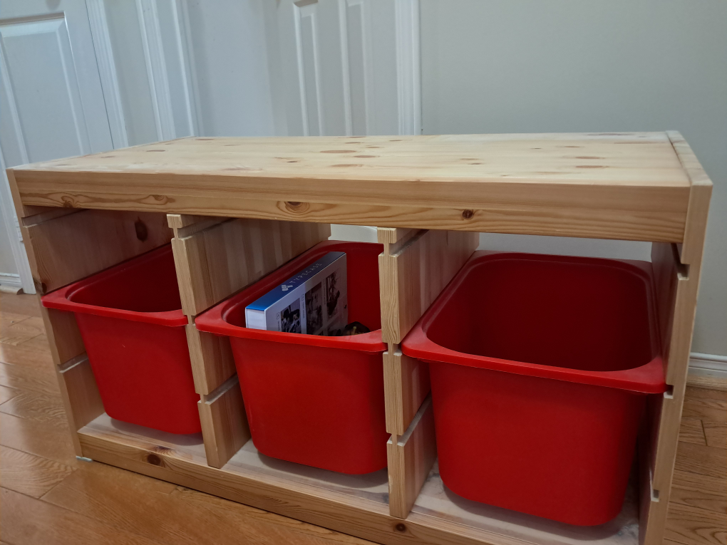 Wooden Storage Shelf with Red Bins