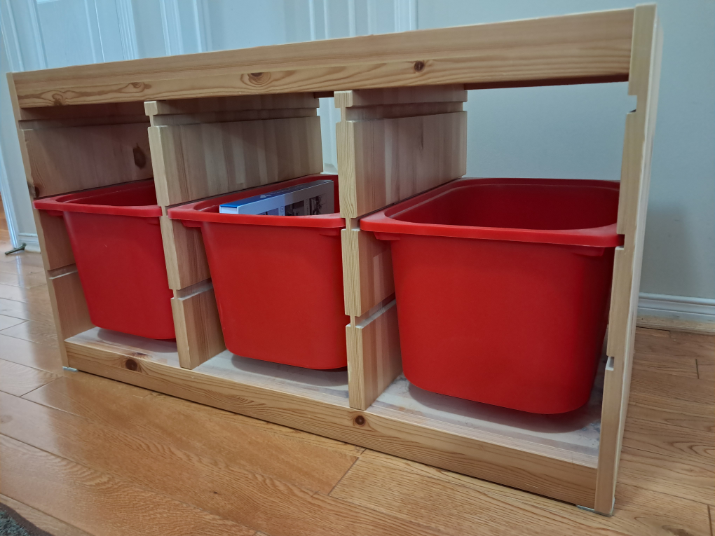 Wooden Storage Shelf with Red Bins - photo 2