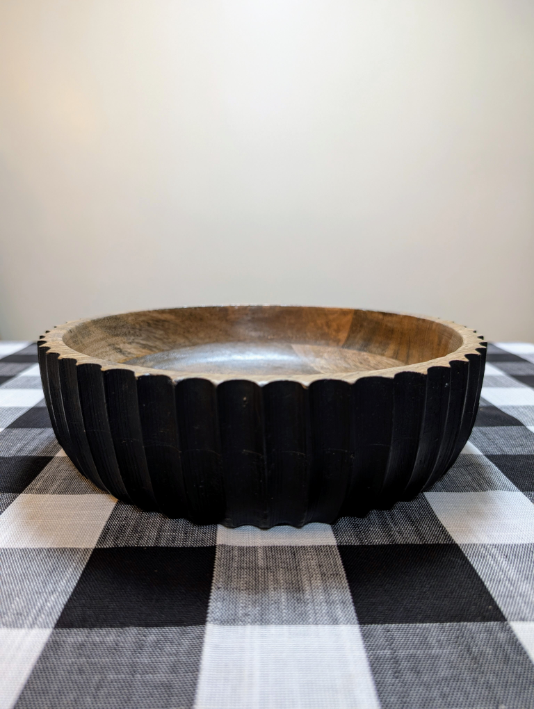 Rustic Carved Wood Bowl – Black Exterior Accent – 10" Diameter