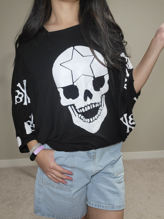 Skull Print Oversized T-Shirt - Black - photo 3