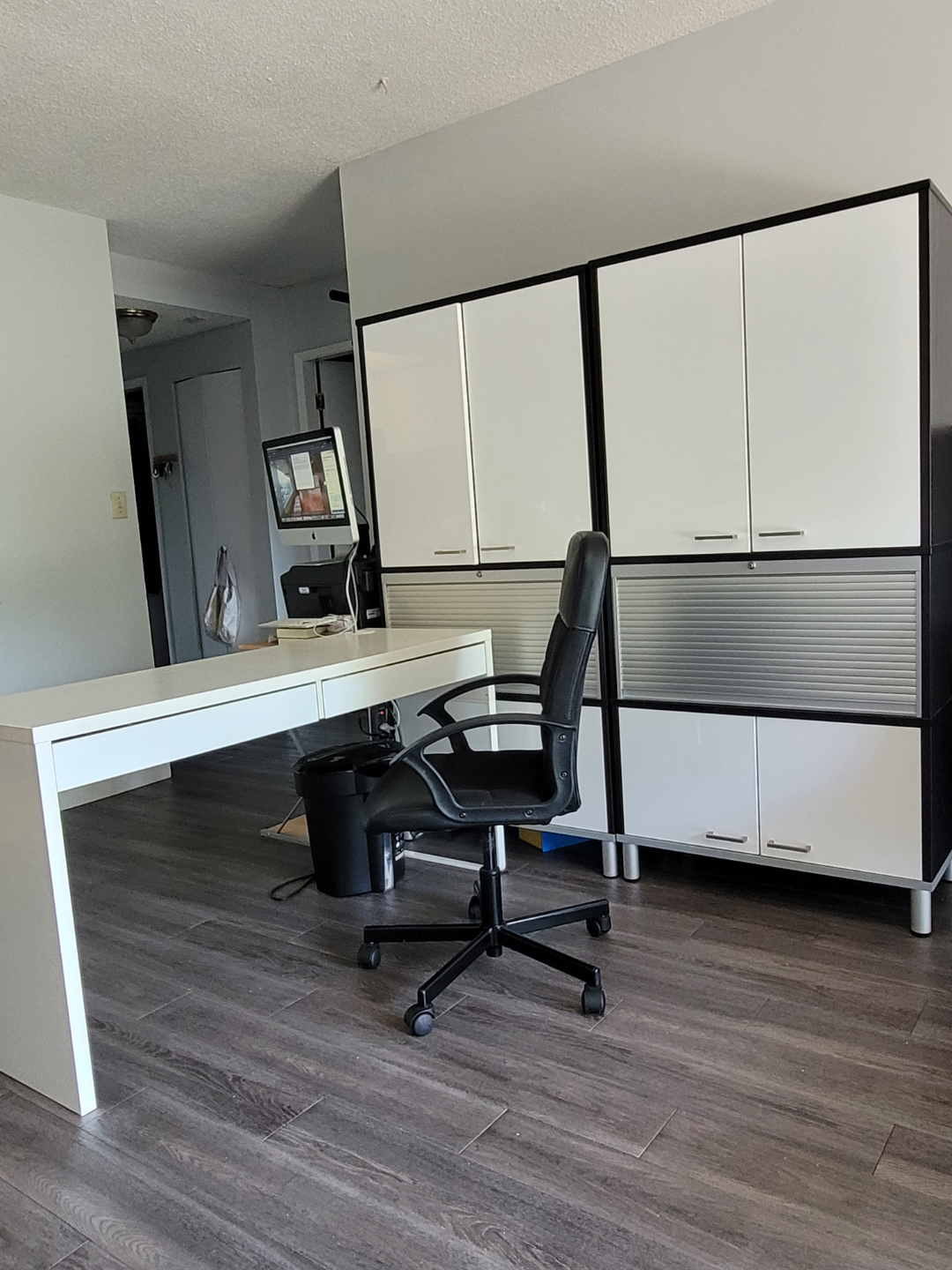 Office Desk with Drawers, Chair, and Storage Cabinets