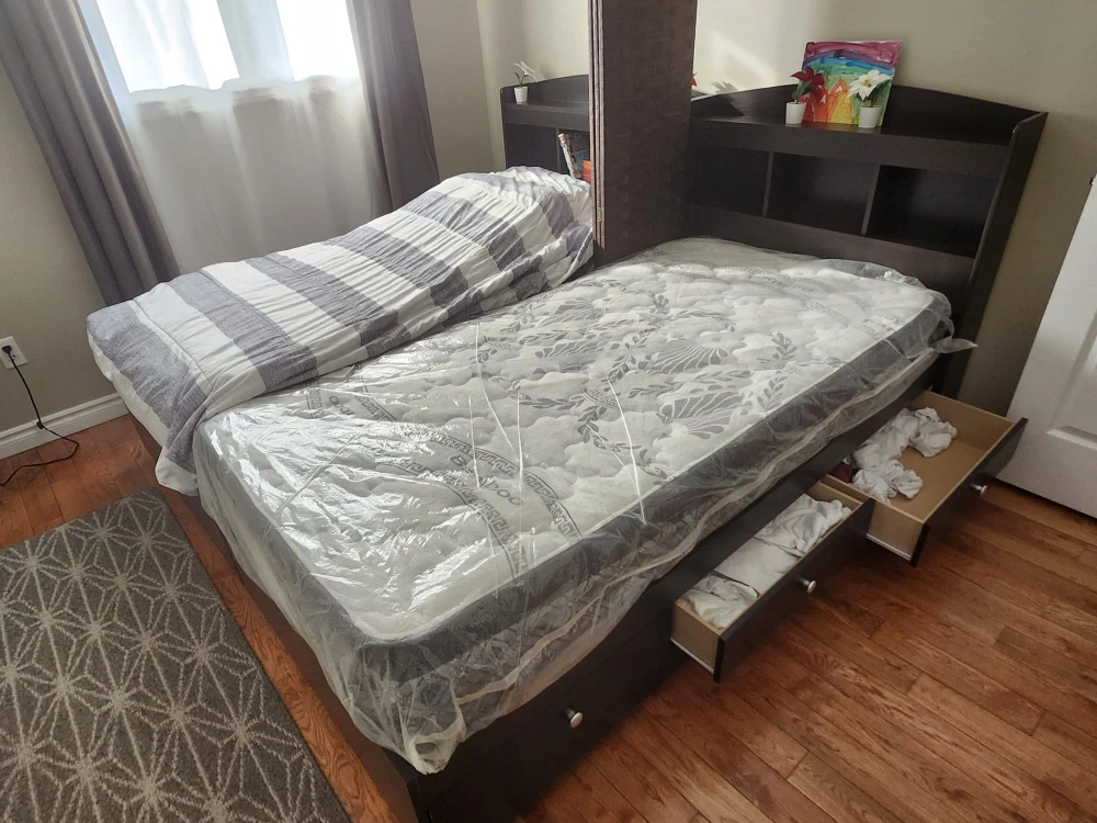 Twin Bed with Headboard & Storage - Dark Brown