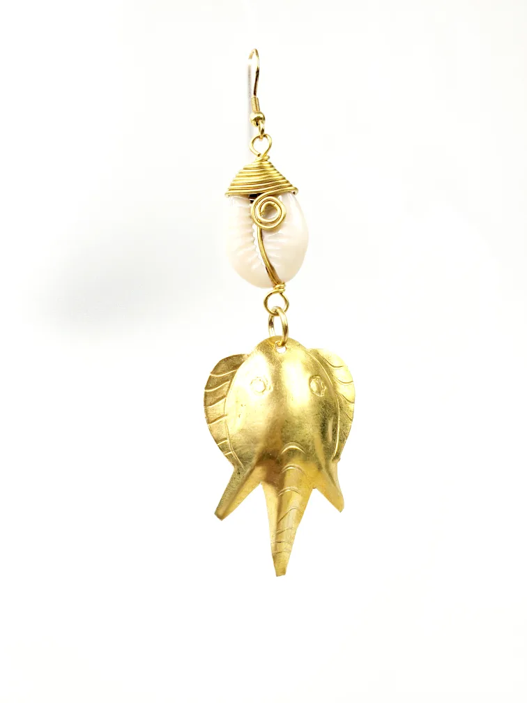 Elegant handmade African Brass Elephant earrings with cowries thumbnail